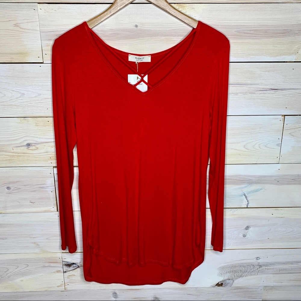 Solid Bright Red Long Sleeve With Crisscross Neckline